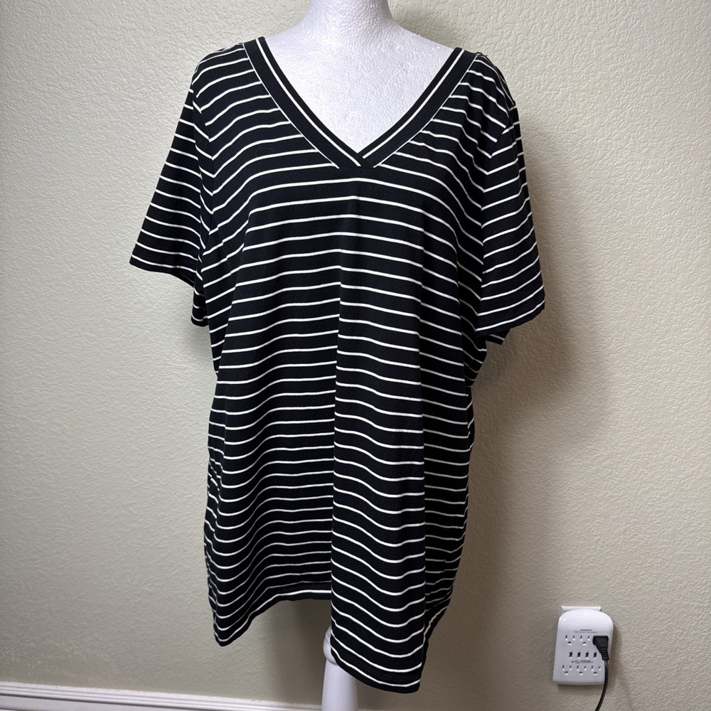 Denim & Co Womens 2X Perfect Jersey V-Neck Striped Tee Short‎ Sleeve Top A353044